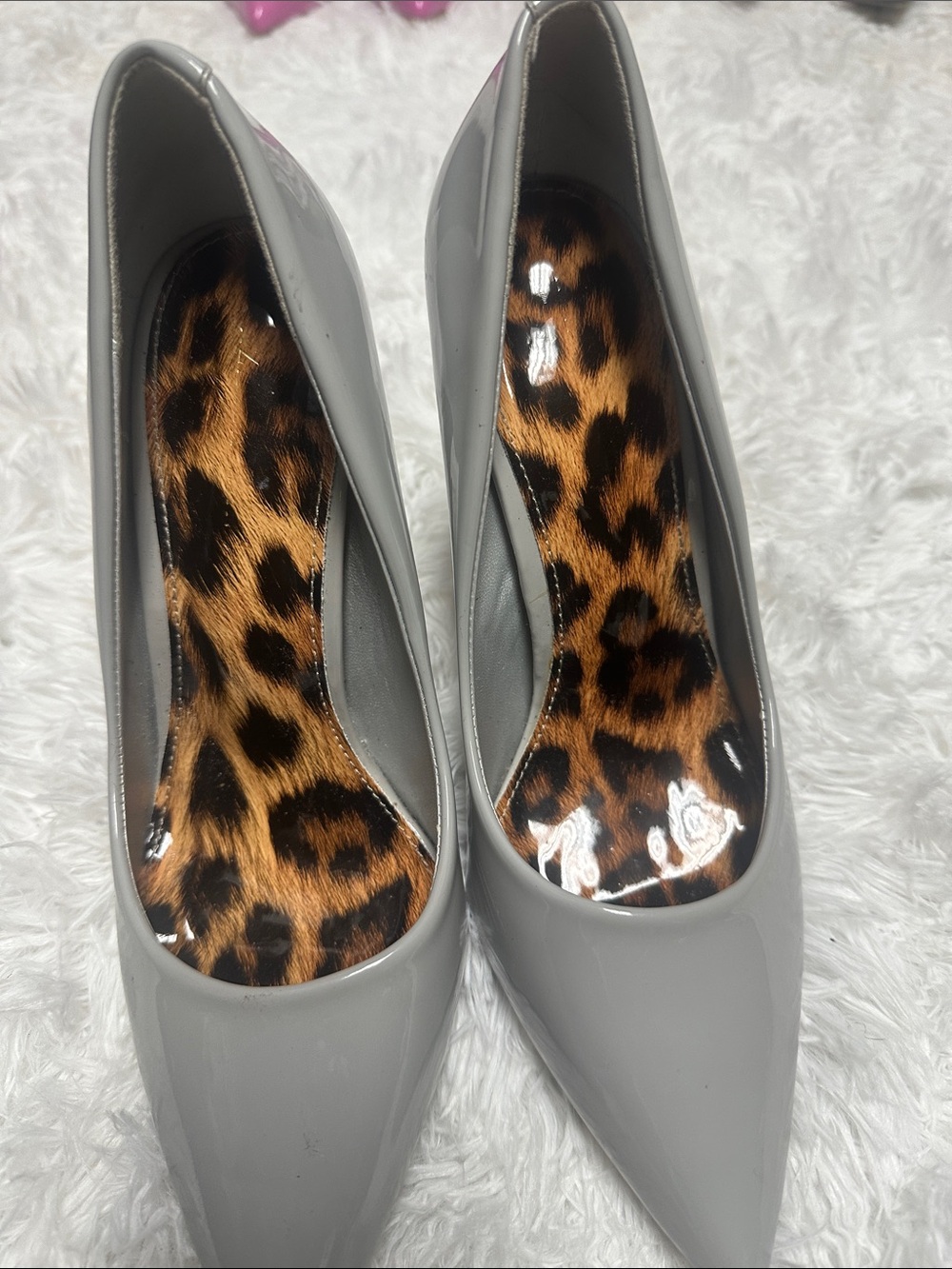Grey Patent Pointed-Toe Pumps with Leopard Insole